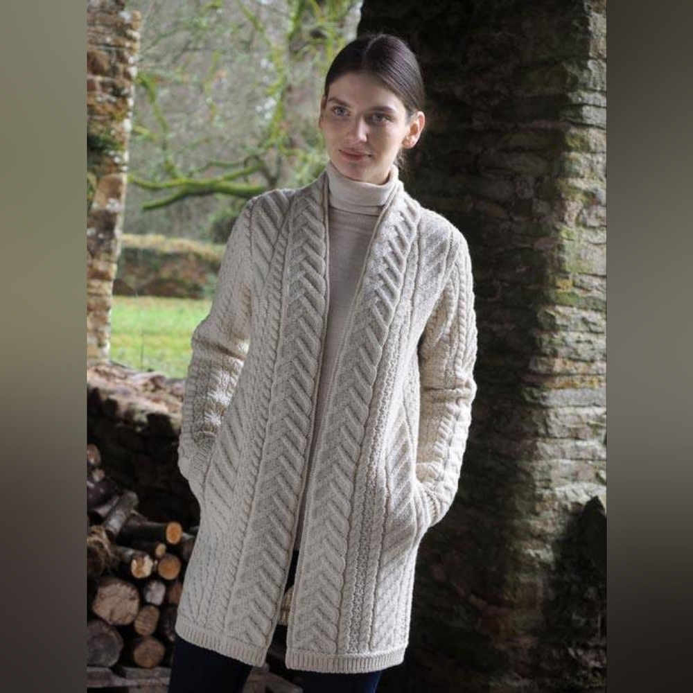 Aran Crafts Irish Cable Knit Edge to Edge Coat Cardigan Wool Women's XS NATURAL